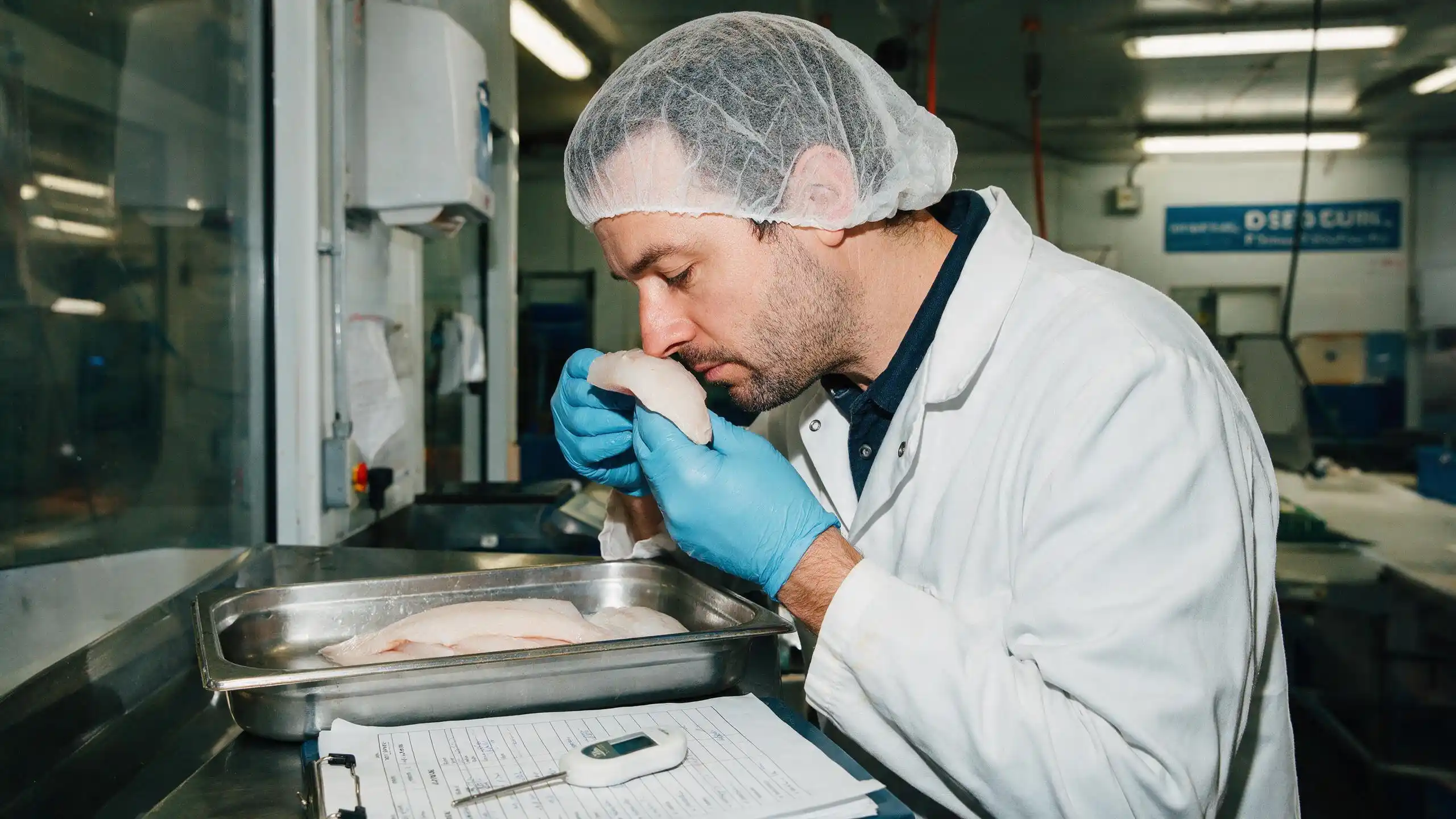 Control de calidad oliendo materia prima en una planta de proceso de alimentos