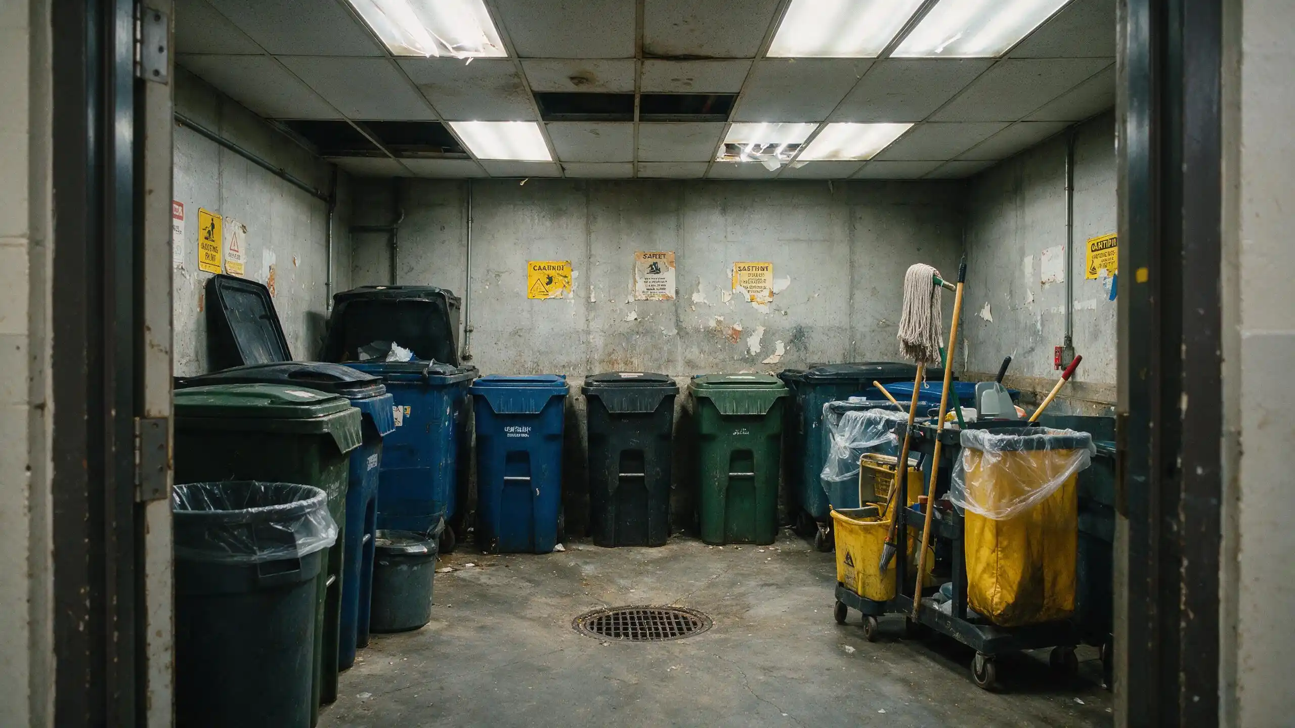 Sala de basura con contenedores y rejilla de desagüe, foco de gases de origen orgánico y punto clave del control de olores en una empresa